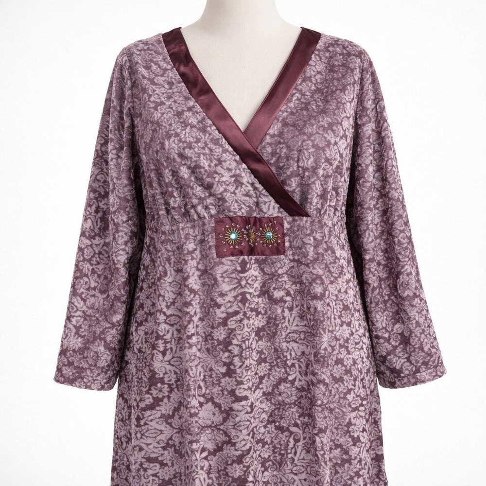 Vintage Floral Whimsigoth Velvet Burnout Tunic Sz 2X Purple Long Sleeve Romantic